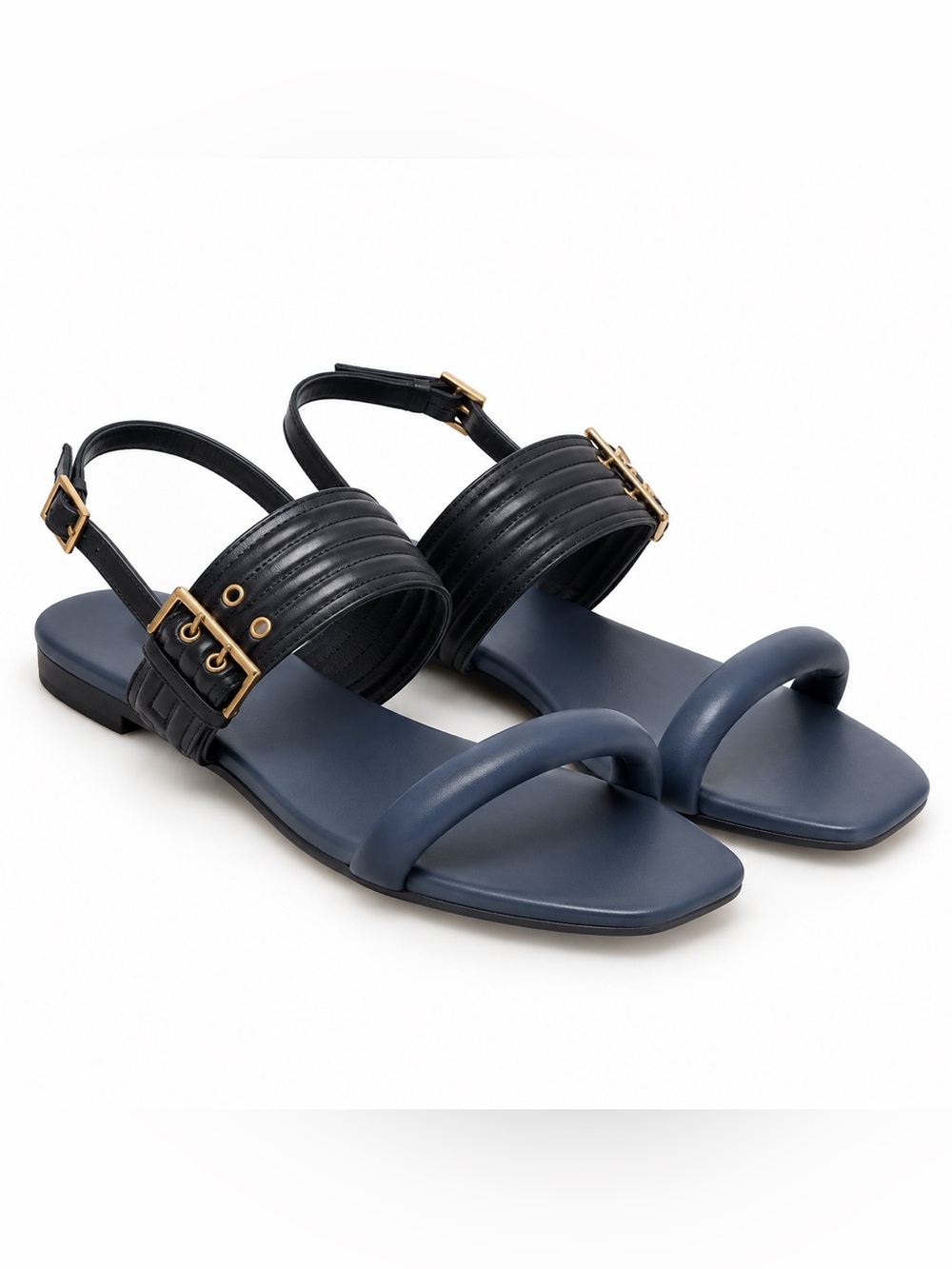 Charles & Keith Navy and Black Leather Dual-Strap Flat Sandals with Gold Buckles
